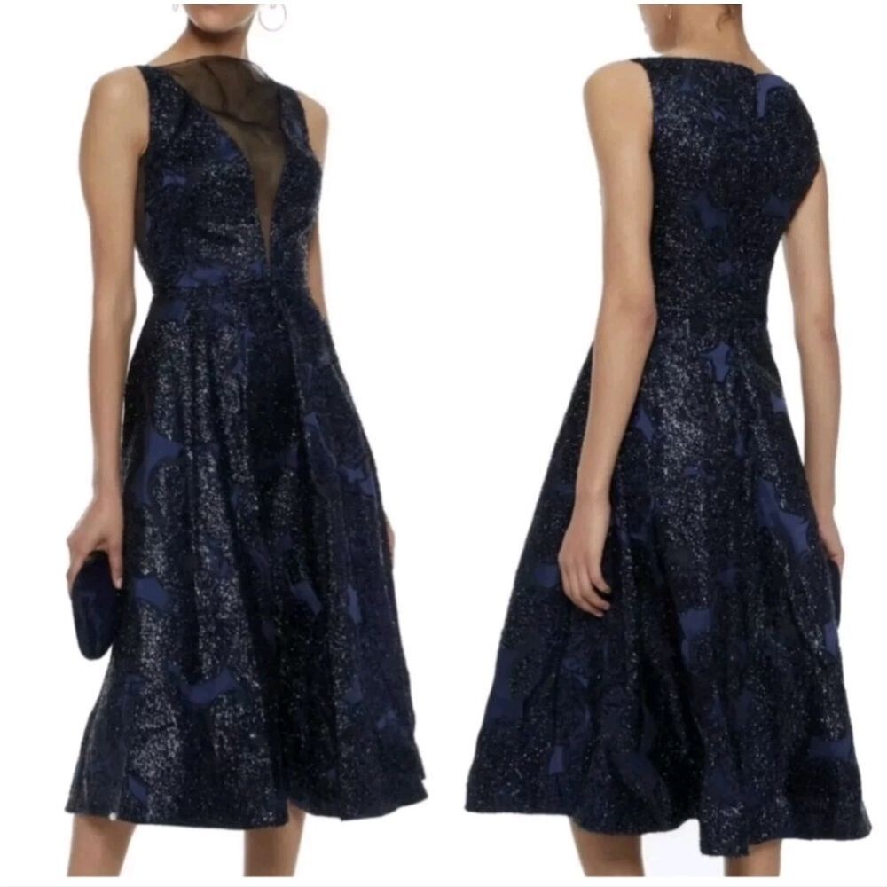 Lela Rose Illusion V-neck cocktail dress navy Metallic Jacquard Navy Sz 2